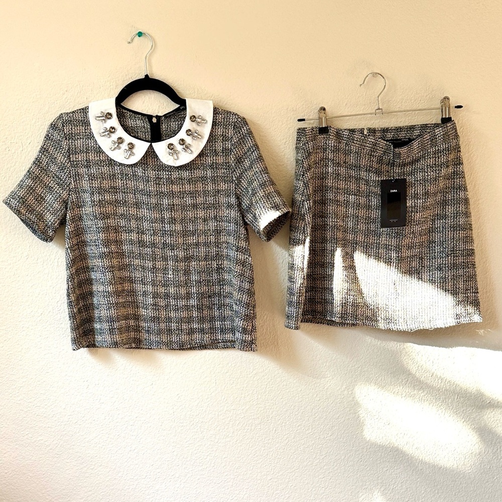 NWT ZaraTweed Top with Embellished Collar and Skirt Set Up